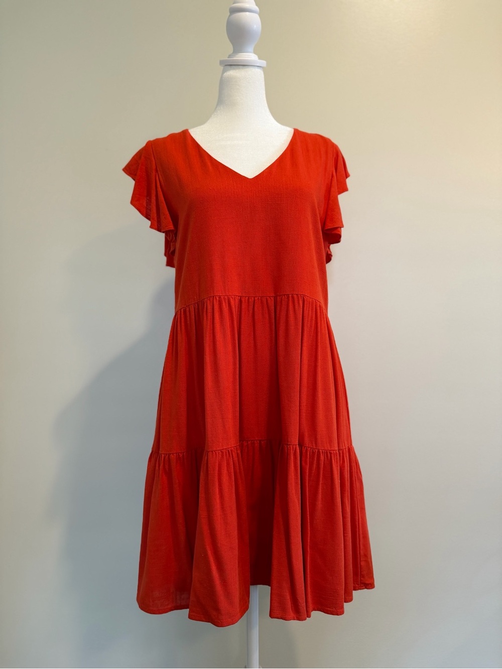 Tiered V-Neck Flutter Sleeve Dress in Orange